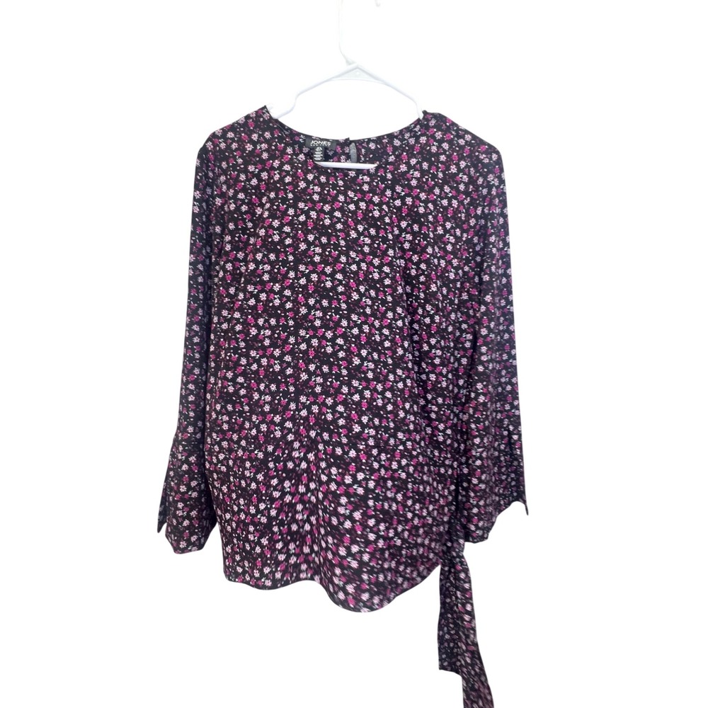 Ditsy Floral Side Tie Blouse Black Pink‎ Size L Long Sleeve Split Feminine